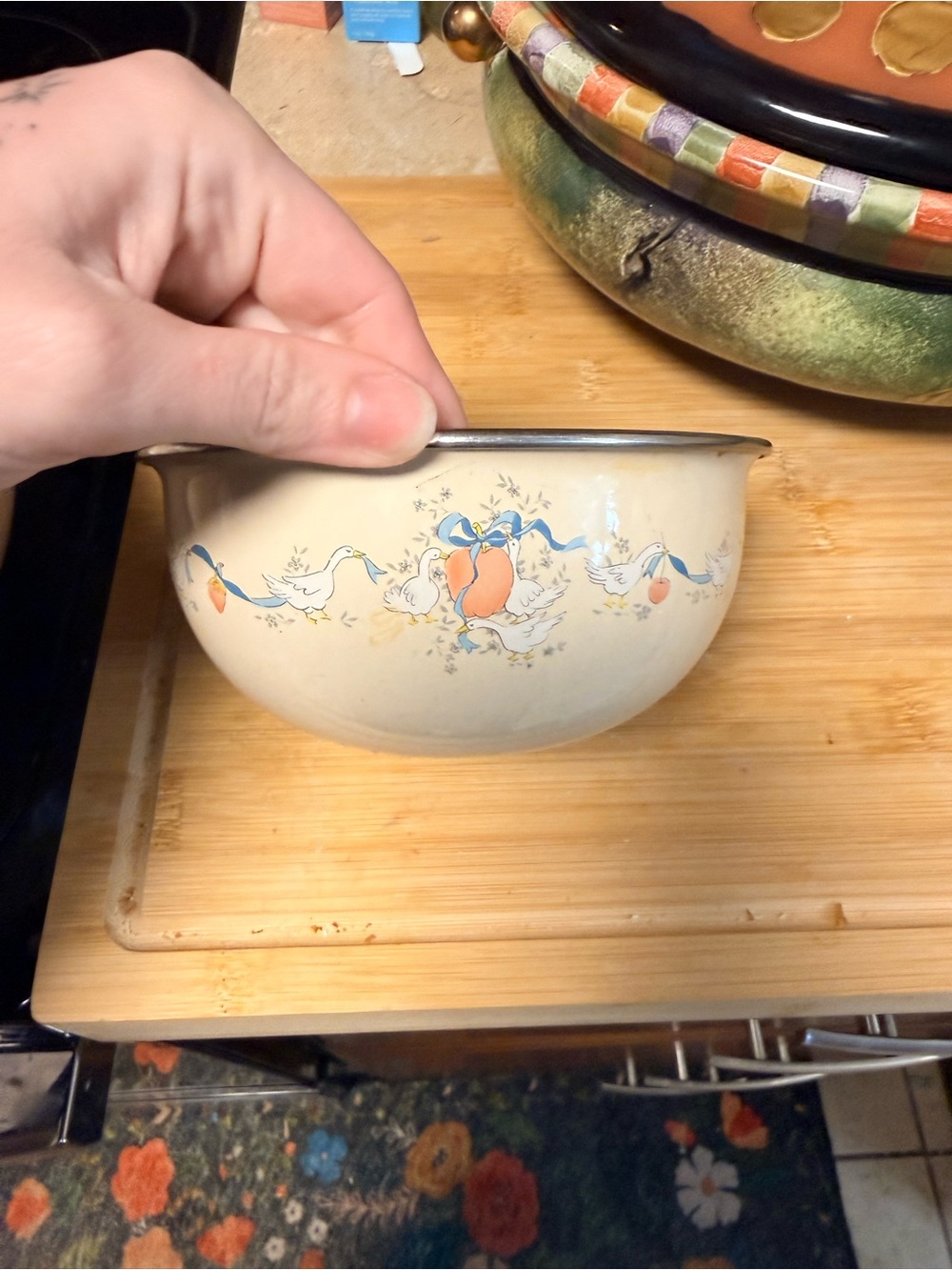 Vintage Cream Ceramic Mixing Bowl with Duck and Ribbon Motif